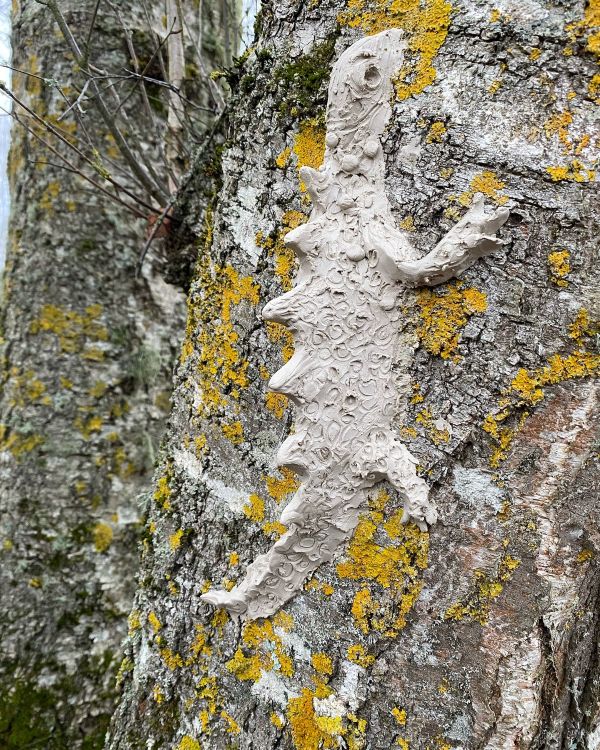 Kasepuu tüvi, millele on savist meisterdatud kameeleon